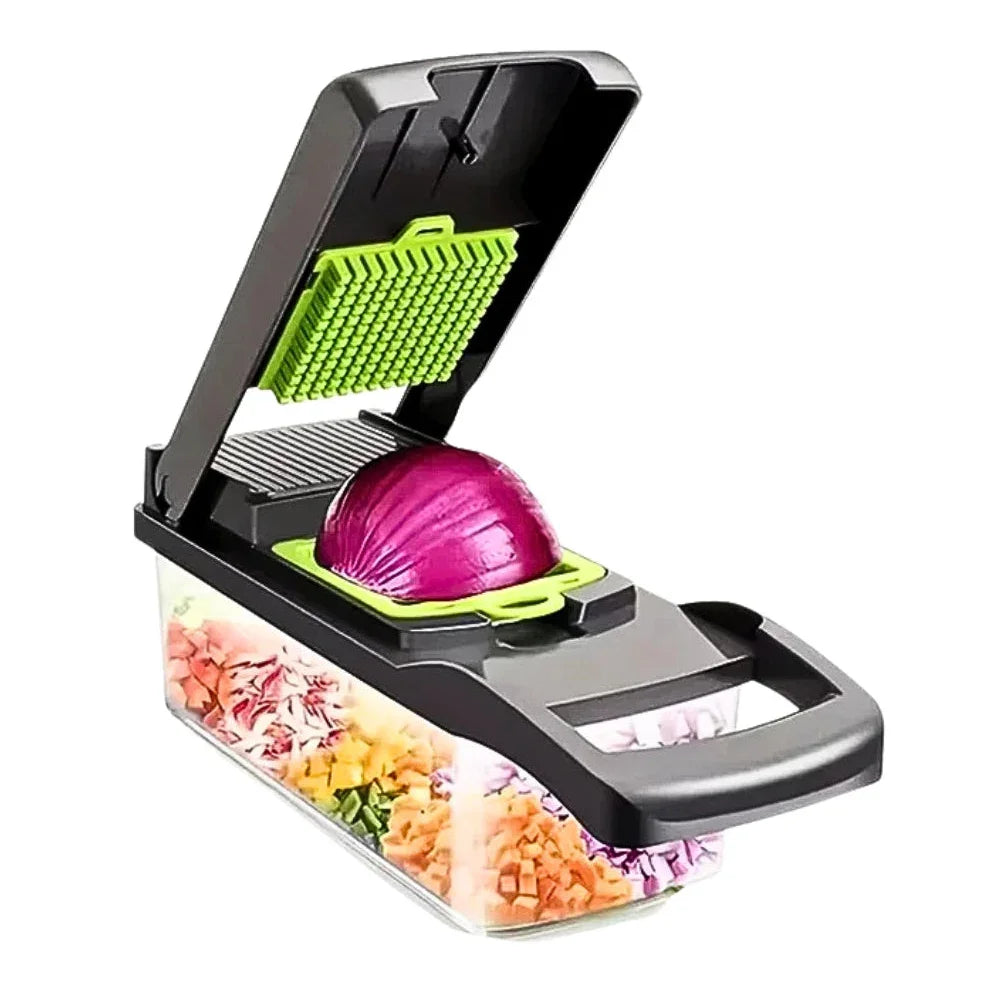 Cortador de legumes multifuncional com cebola roxa e vegetais picados no recipiente