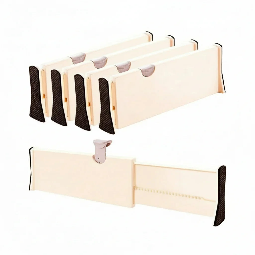 Divisórias ajustáveis de plástico branco para organização de gavetas, com detalhes antiderrapantes.