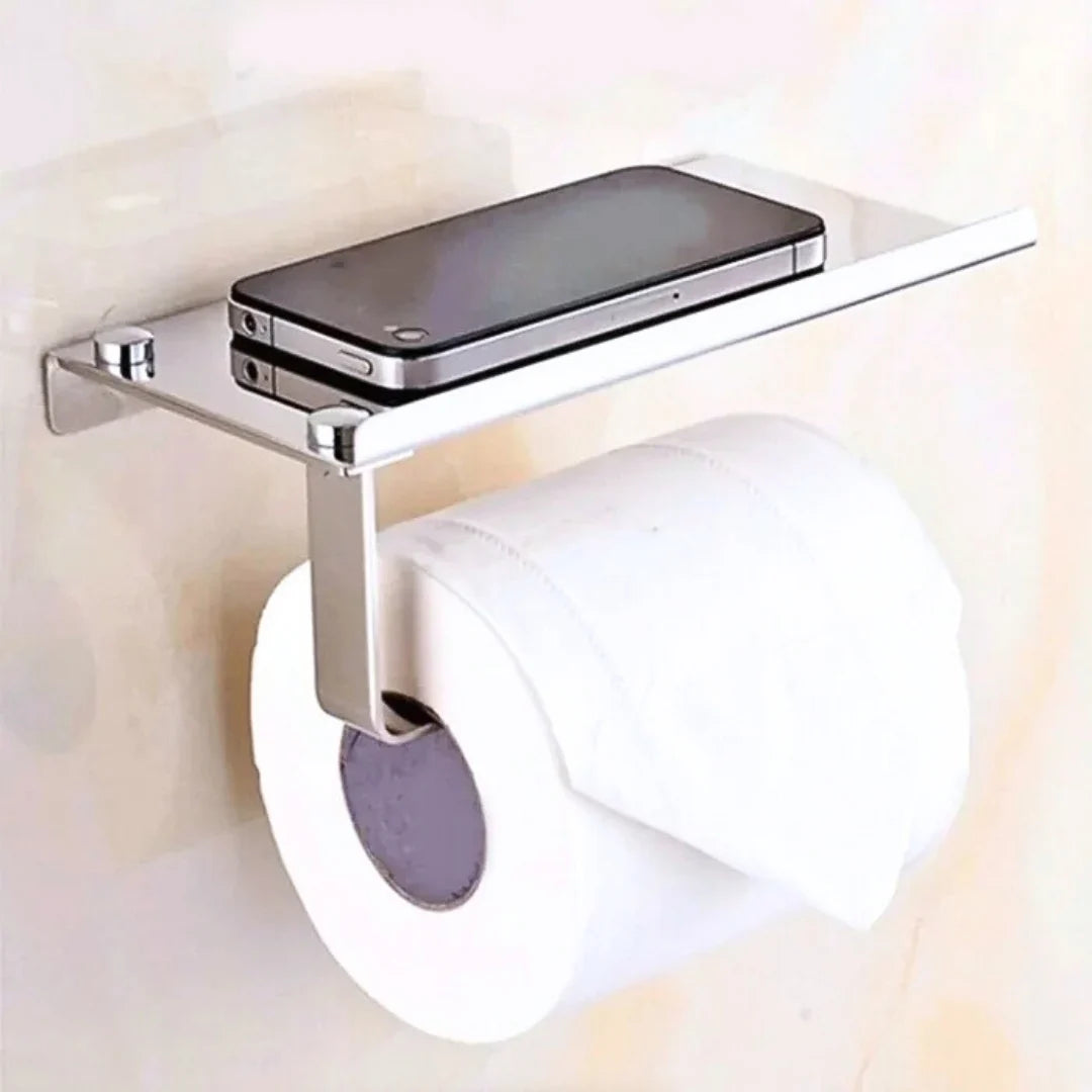 Porta Papel Higiénico de Inox 304 - Com Prateleira para Celular