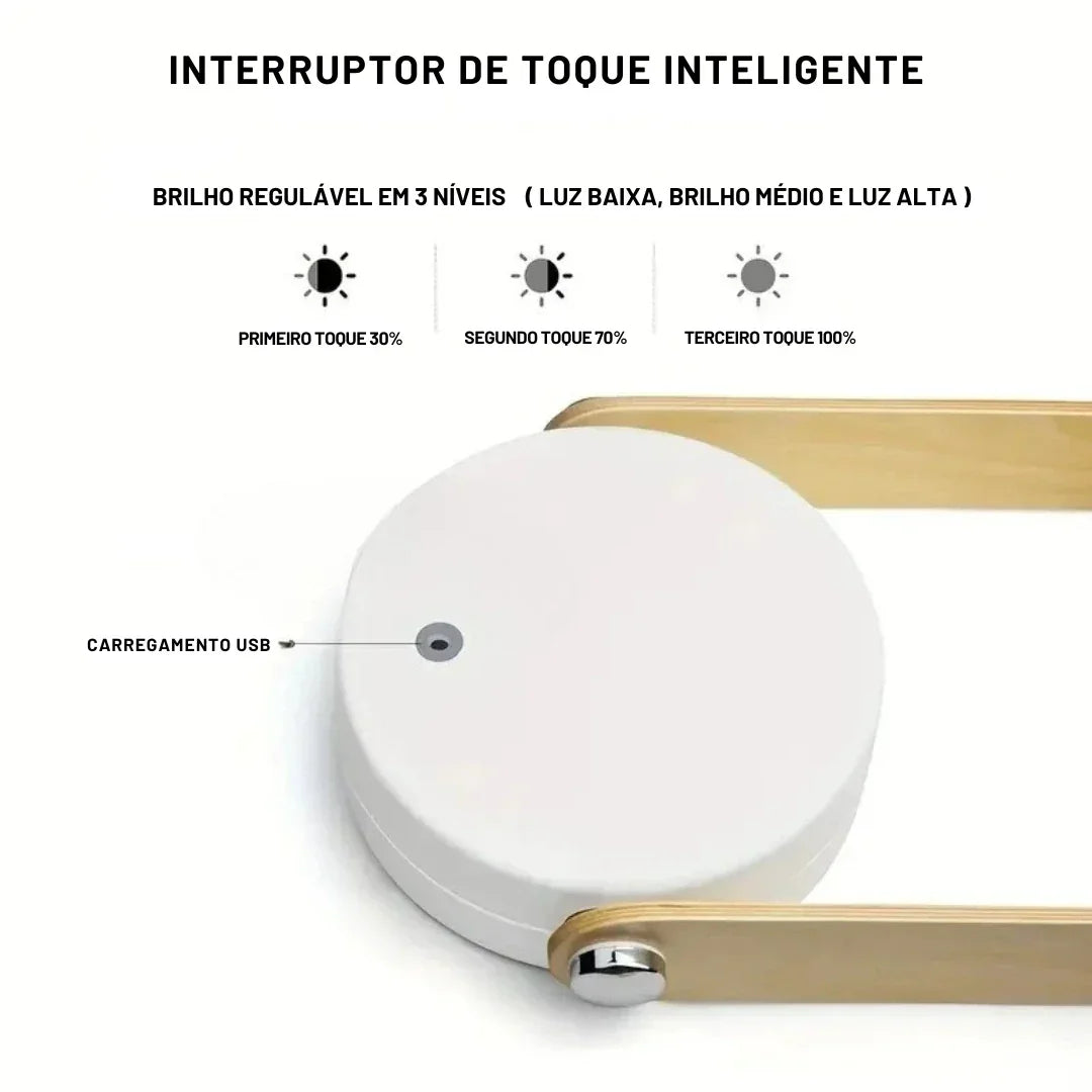 Luz de LED Dobrável e Giratória - Recarregável Touch com 3 Níveis