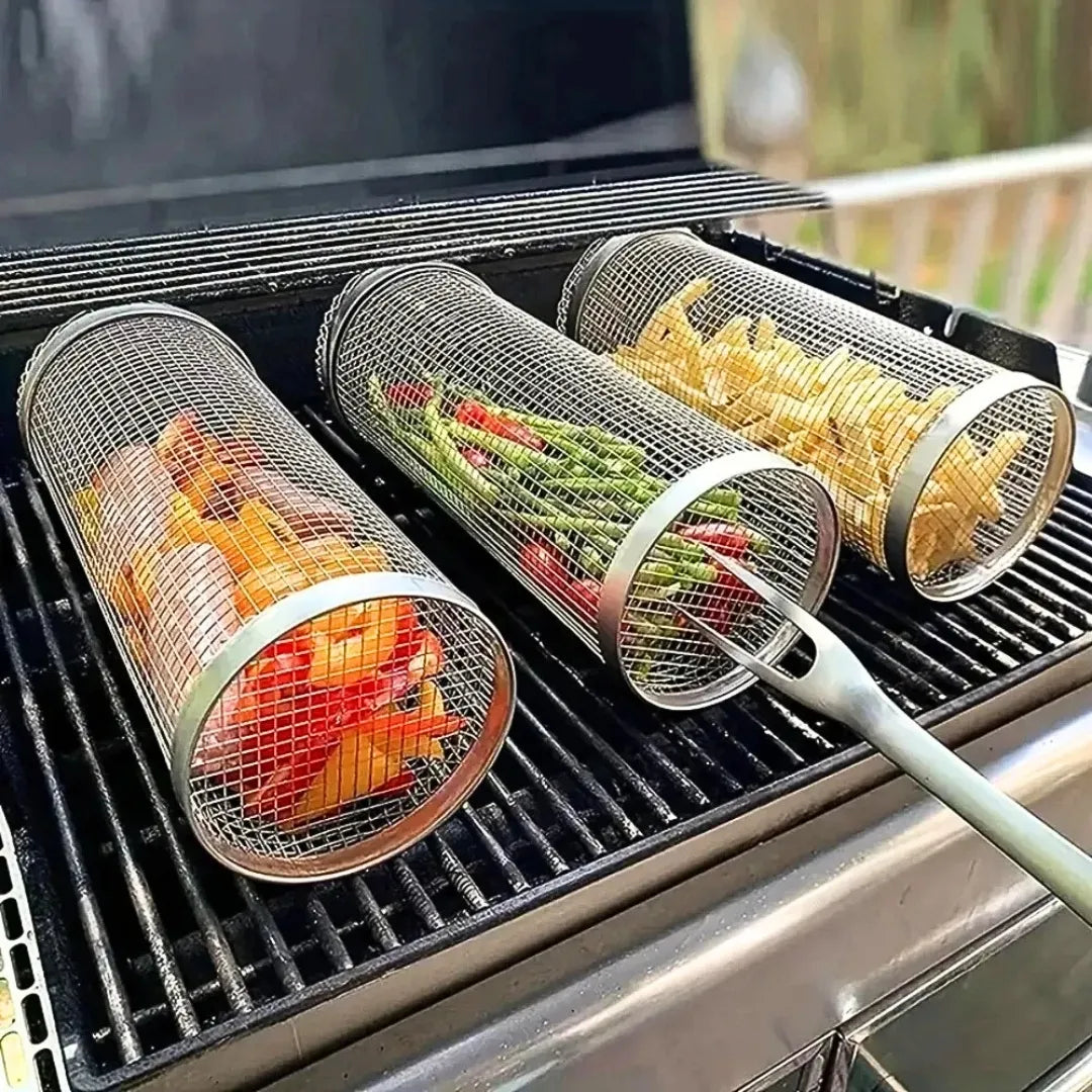 Grelha Cilíndrica Portátil - De Aço Inox para Churrasco