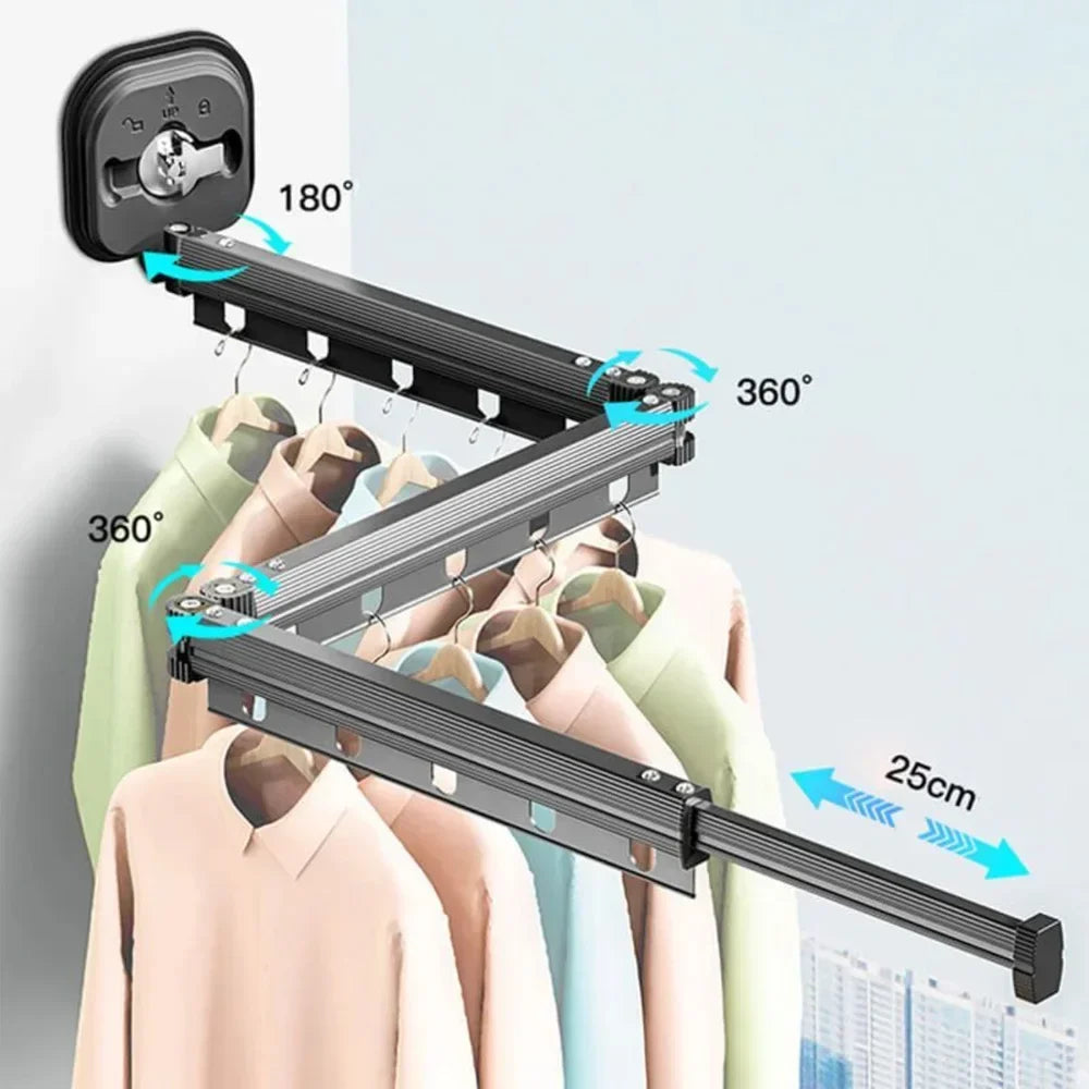 Varal Retrátil de Parede em Alumínio - Dobrável 360º Sem Furo