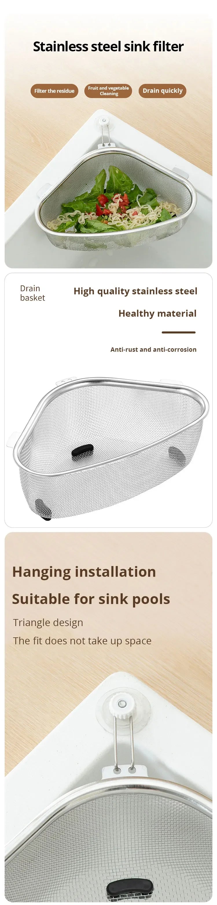 Cesto Triangular para Pia - De Aço Inoxidável para Resíduos