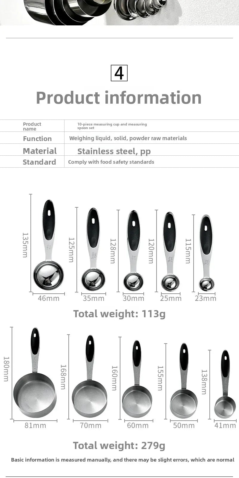 Kit 10 Medidores de Aço Inox - Copos e Colheres