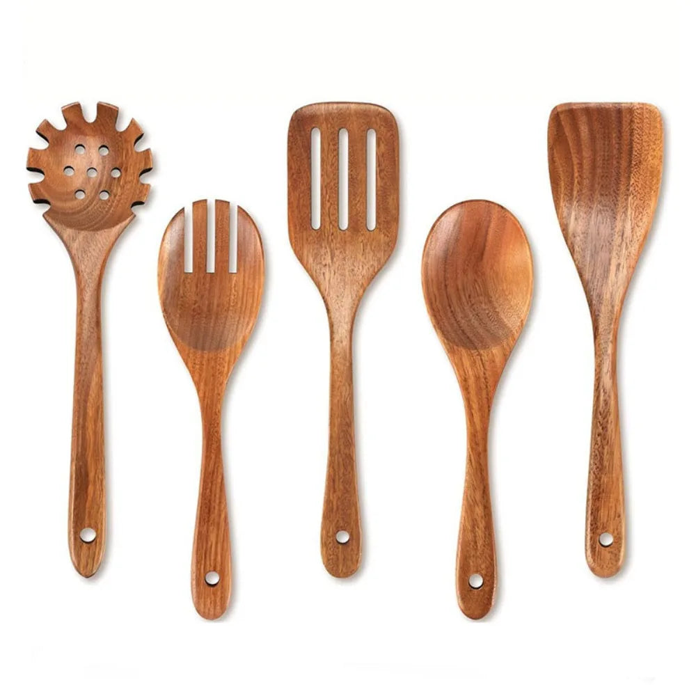 Kit Utensílios de Cozinha - Em Madeira Natural com Balde