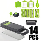 Cortador de legumes multifuncional 14 peças verde e preto com acessórios e lâminas