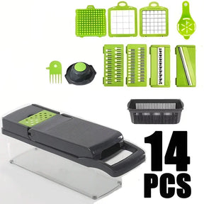 Cortador de legumes multifuncional 14 peças verde e preto com acessórios e lâminas