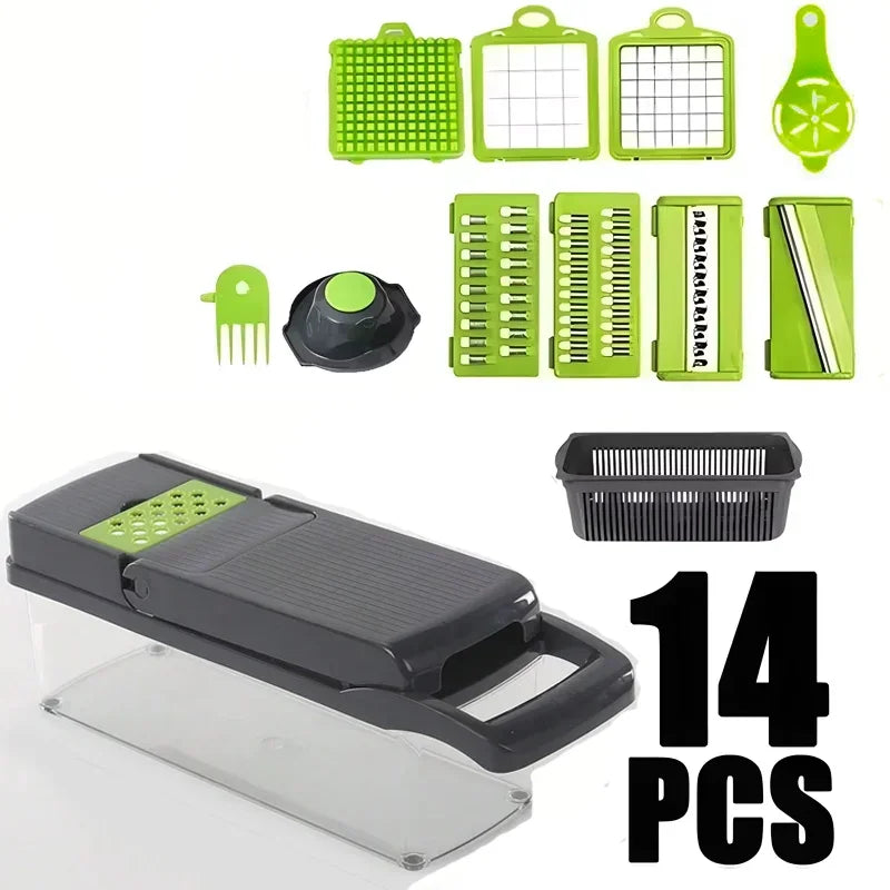 Cortador de legumes multifuncional 14 peças verde e preto com acessórios e lâminas