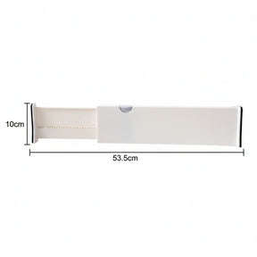 divisor expansivel de gaveta ajustável branco, dimensões 53,5cm x 10cm, fundo branco
