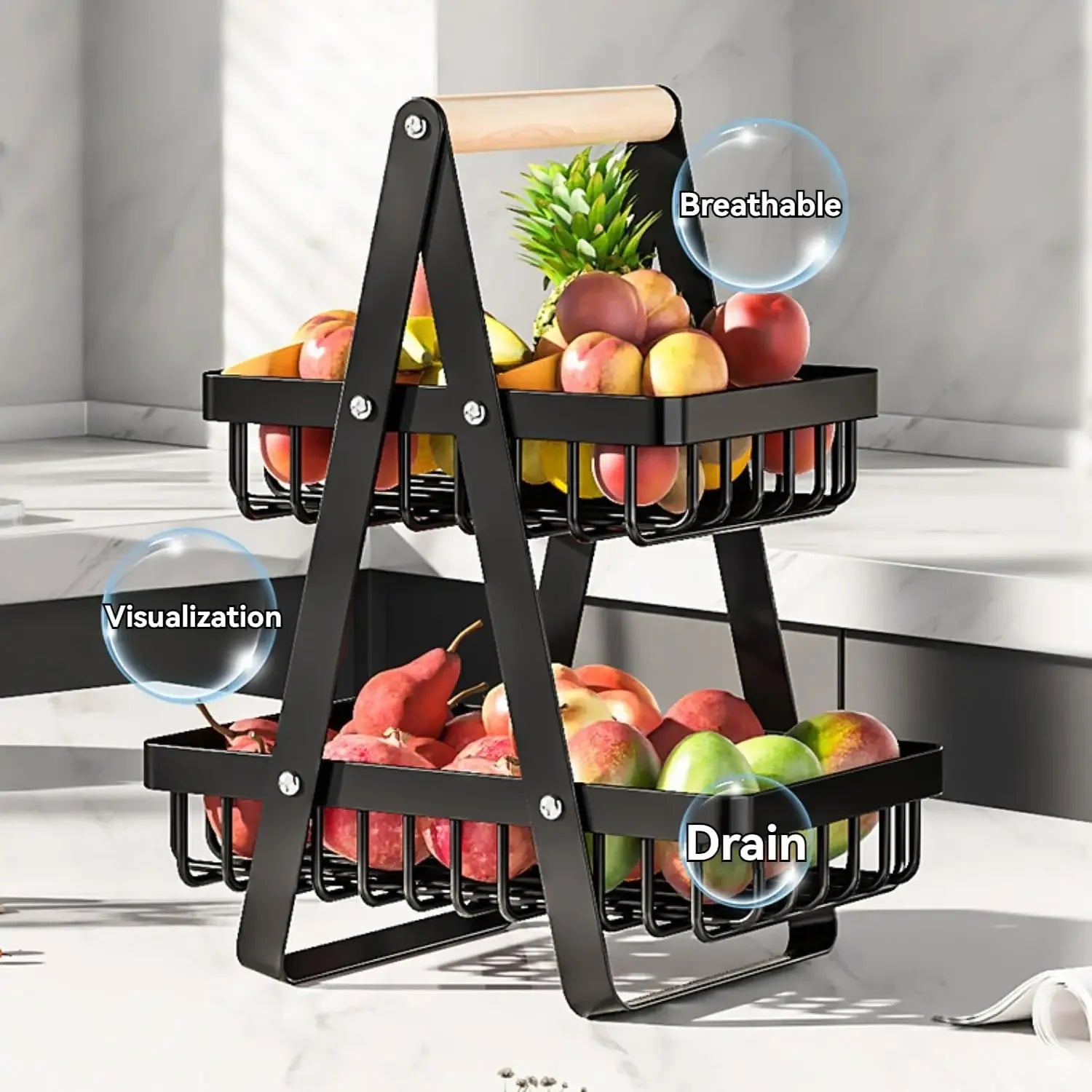 Cesta Organizadora de Frutas Empilhável em Aço Carbono - Design de Mesa