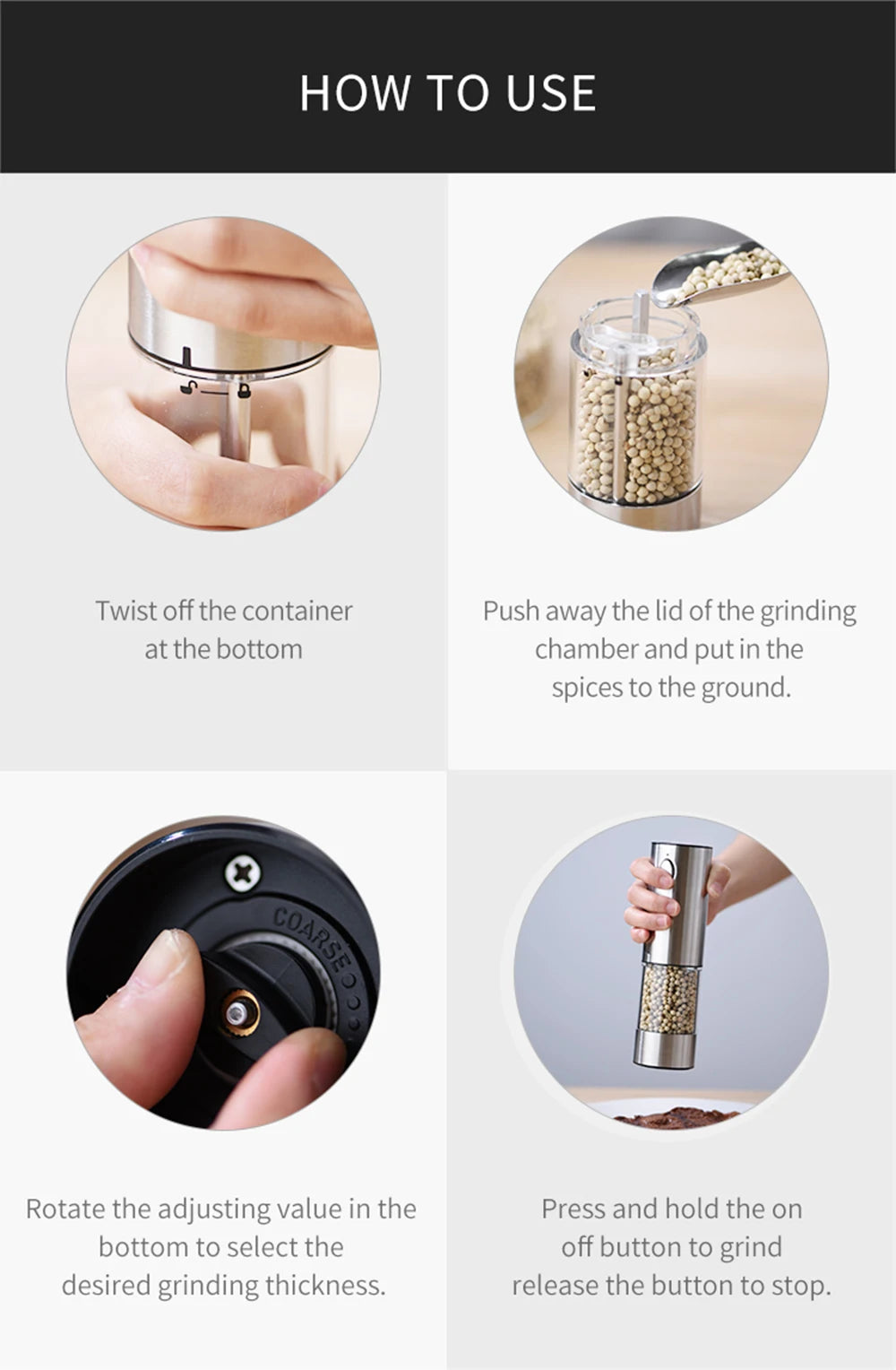 Moedor Elétrico de Pimenta e Sal - Recarregável USB Ajustável