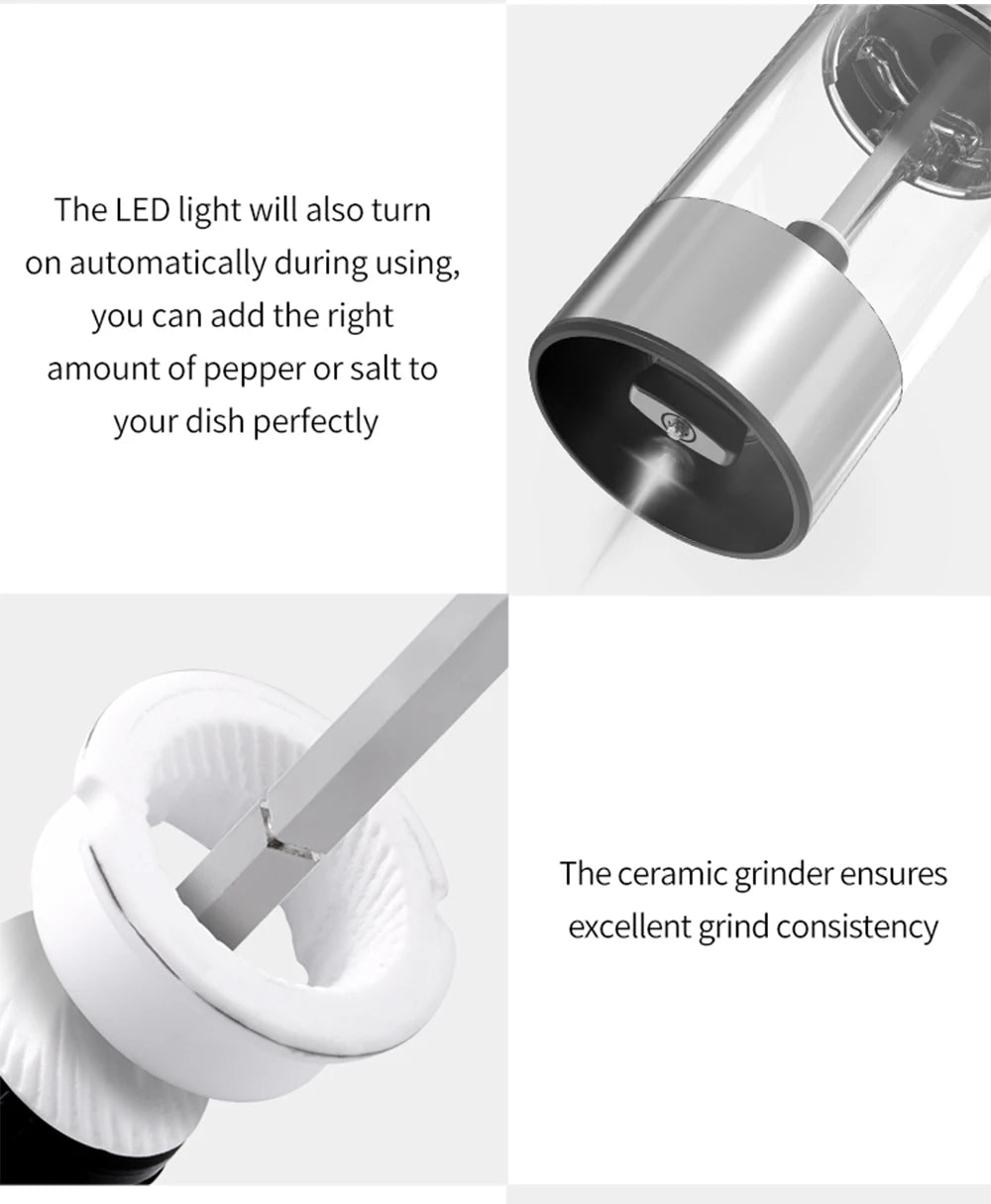 Moedor Elétrico de Pimenta e Sal - Recarregável USB Ajustável