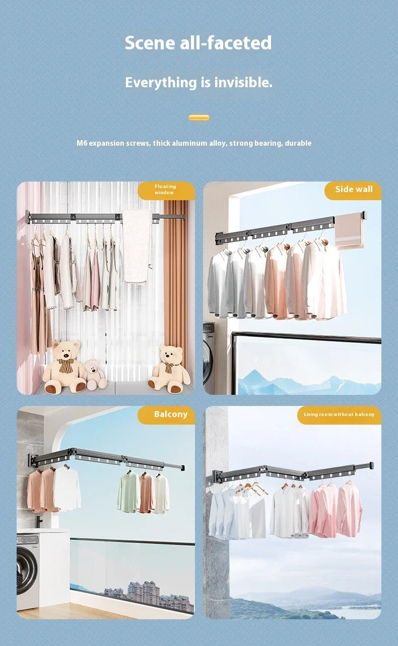 Varal Retrátil de Parede em Alumínio - Dobrável 360º Sem Furo