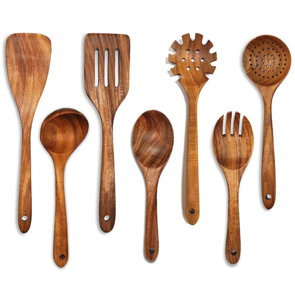 Kit Utensílios de Cozinha - Em Madeira Natural com Balde