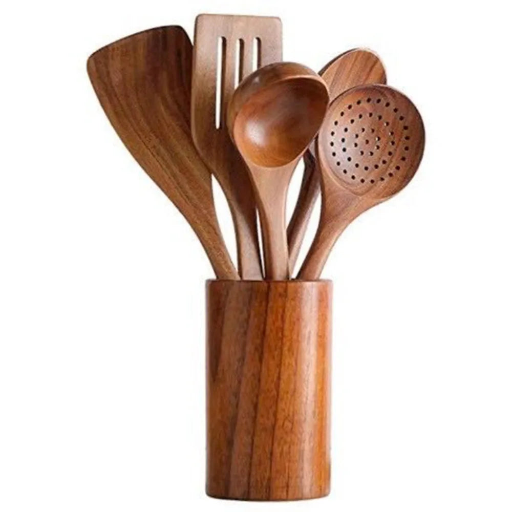 Kit Utensílios de Cozinha - Em Madeira Natural com Balde