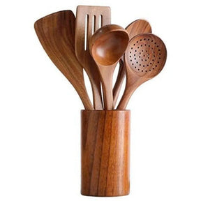 Kit Utensílios de Cozinha - Em Madeira Natural com Balde