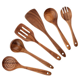 Kit Utensílios de Cozinha - Em Madeira Natural com Balde