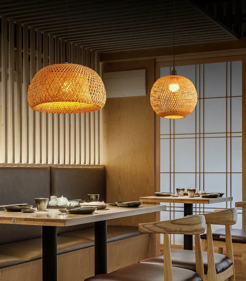 Luminária Pendente Estilo Japonês - Artesanal de Bambu e Madeira