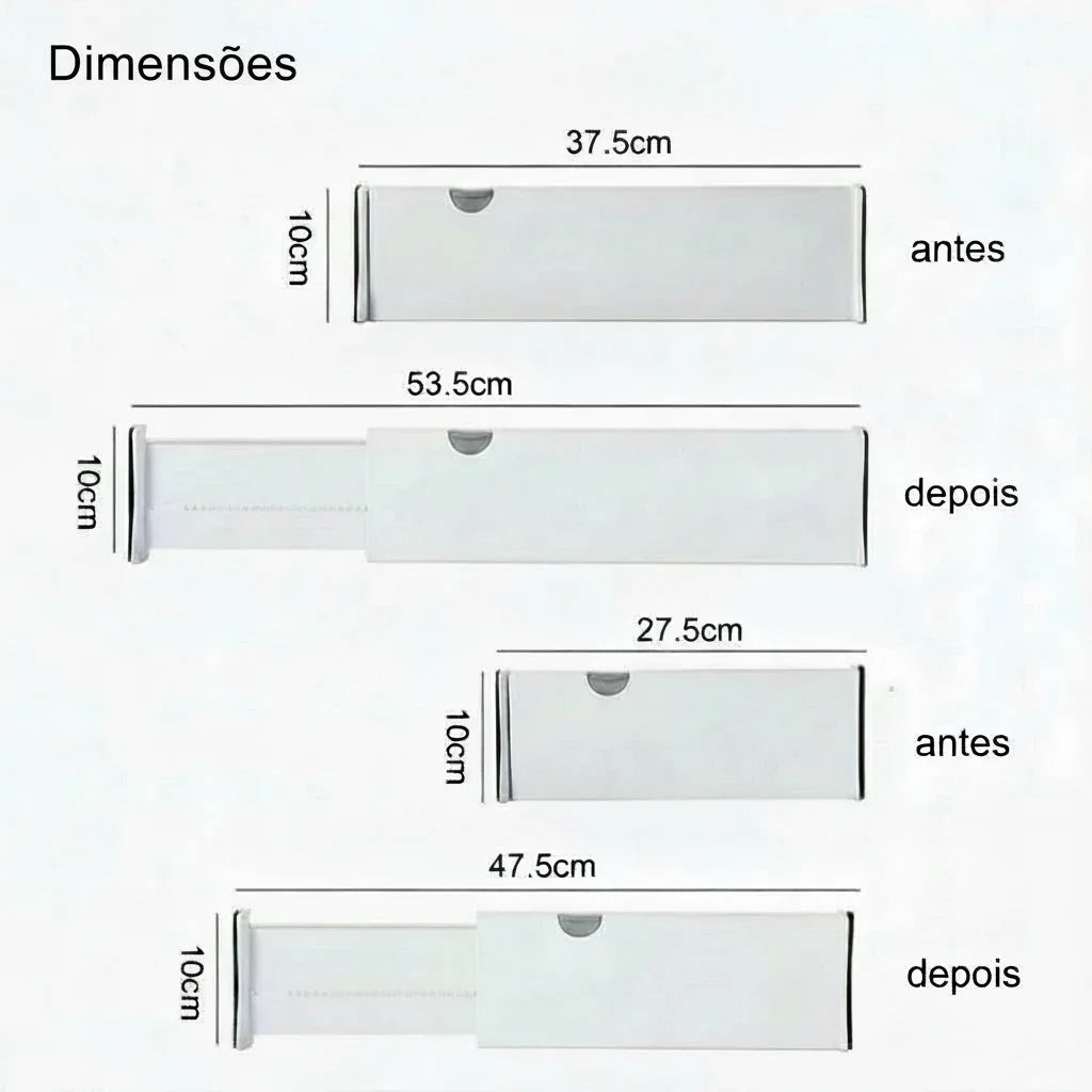 Organizador de gaveta ajustável branco, dimensões antes e depois de expandir, medidas em centímetros.