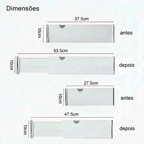 Organizador de gaveta ajustável branco, dimensões antes e depois de expandir, medidas em centímetros.