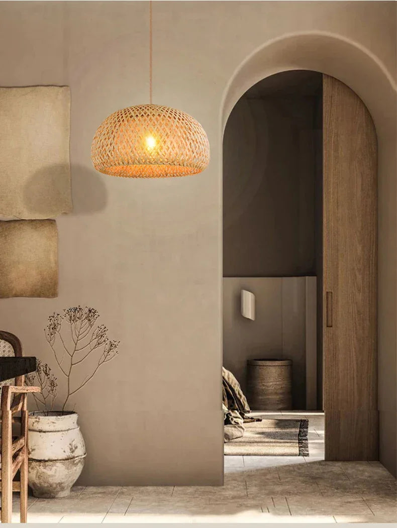 Luminária Pendente Estilo Japonês - Artesanal de Bambu e Madeira