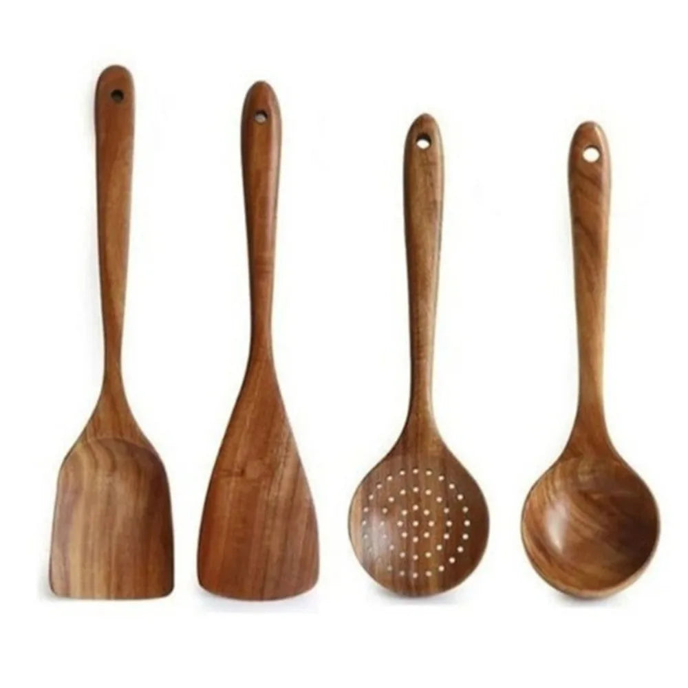 Kit Utensílios de Cozinha - Em Madeira Natural com Balde
