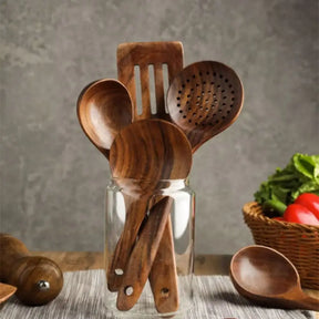 Kit Utensílios de Cozinha - Em Madeira Natural com Balde