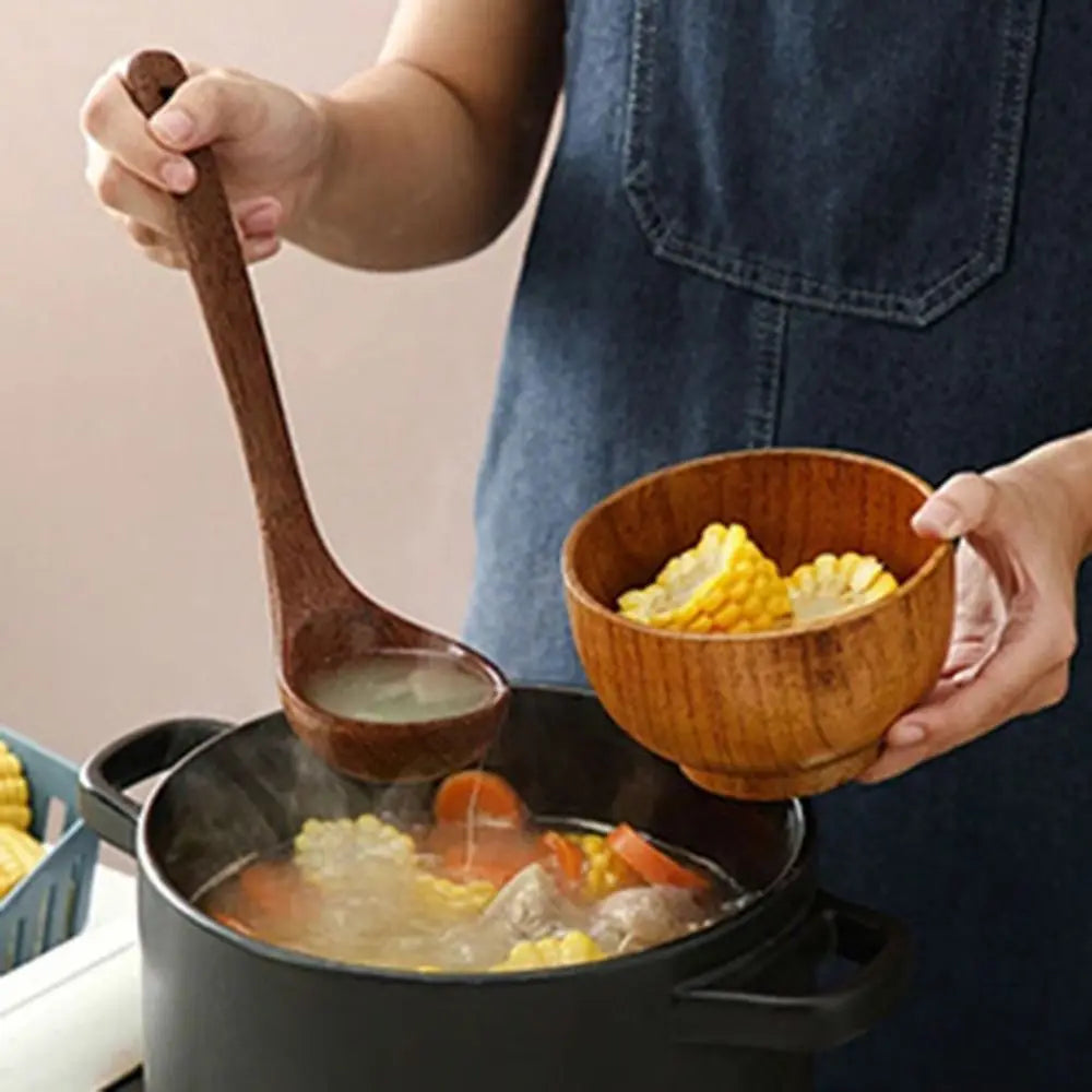 Kit Utensílios de Cozinha - Em Madeira Natural com Balde