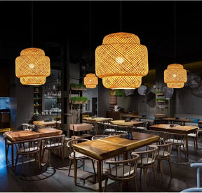 Luminária Pendente Estilo Japonês - Artesanal de Bambu e Madeira