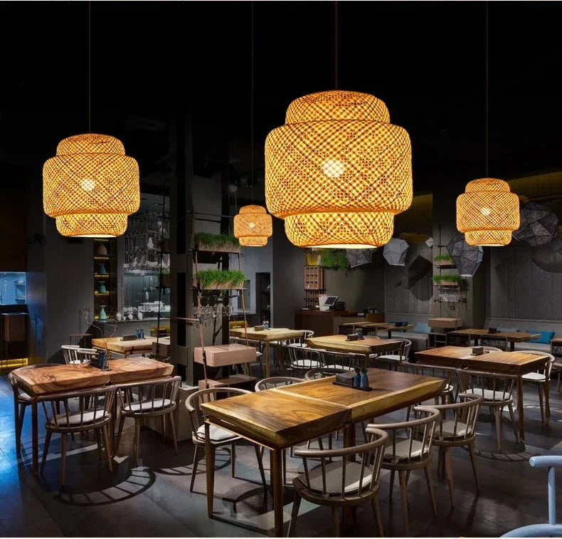 Luminária Pendente Estilo Japonês - Artesanal de Bambu e Madeira