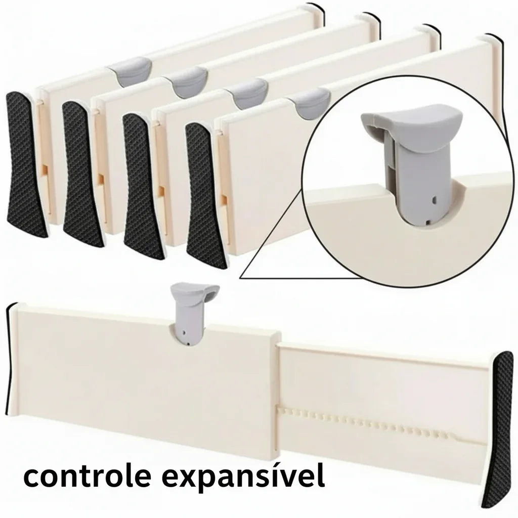 Divisória de gaveta plástica expansível com ajuste, alças antiderrapantes e controle expansível.