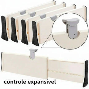 Divisória de gaveta plástica expansível com ajuste, alças antiderrapantes e controle expansível.