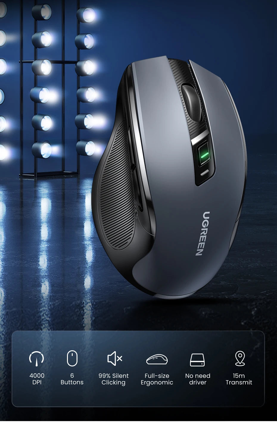 Mouse Sem Fio Ergonômico — 4000 DPI e Clique Silencioso