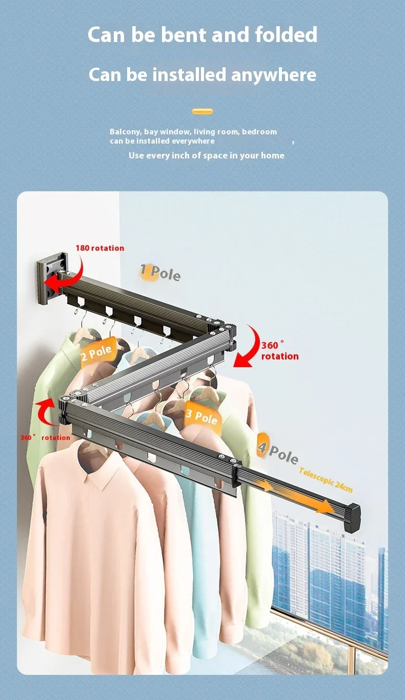 Varal Retrátil de Parede em Alumínio - Dobrável 360º Sem Furo