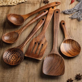 Kit Utensílios de Cozinha - Em Madeira Natural com Balde