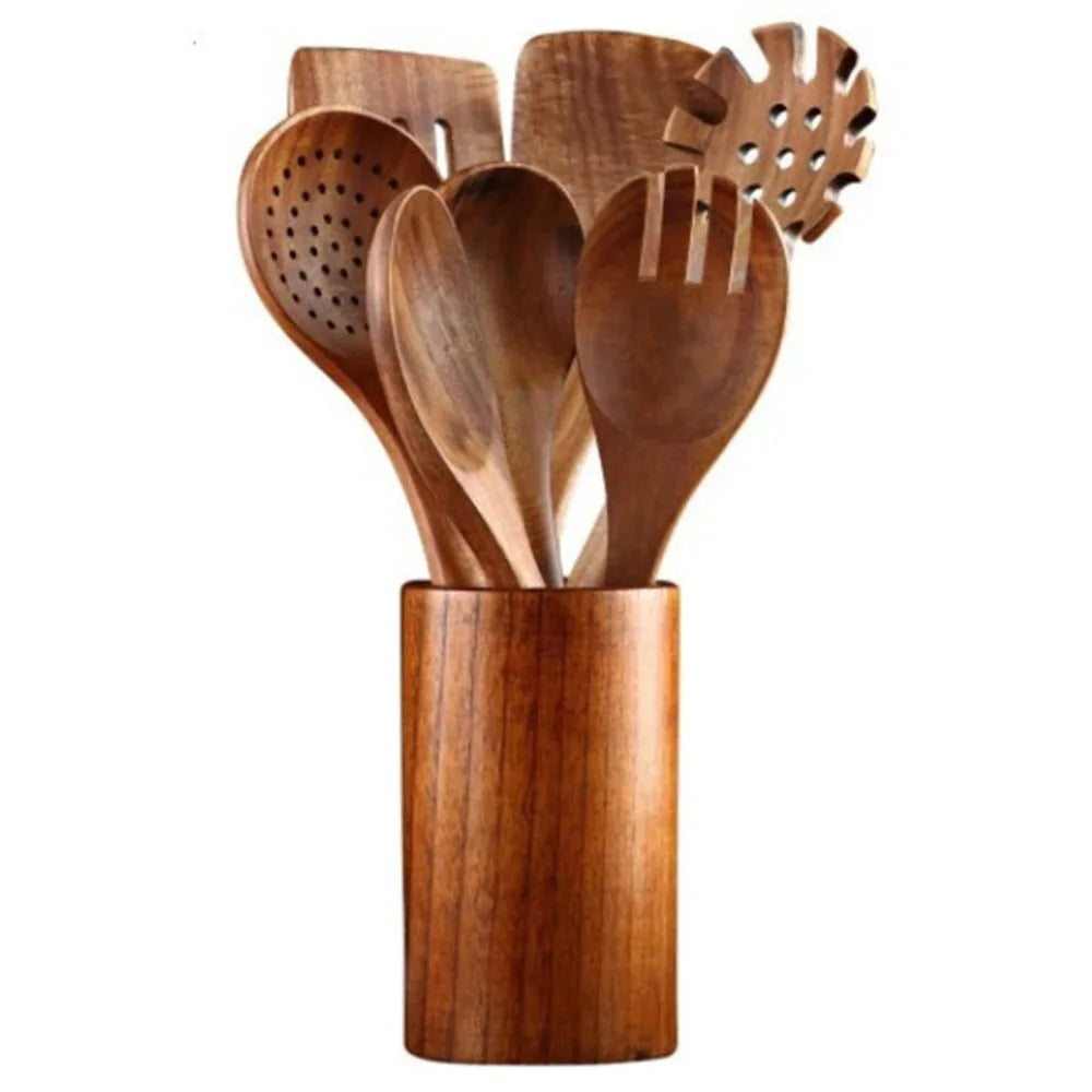 Kit Utensílios de Cozinha - Em Madeira Natural com Balde