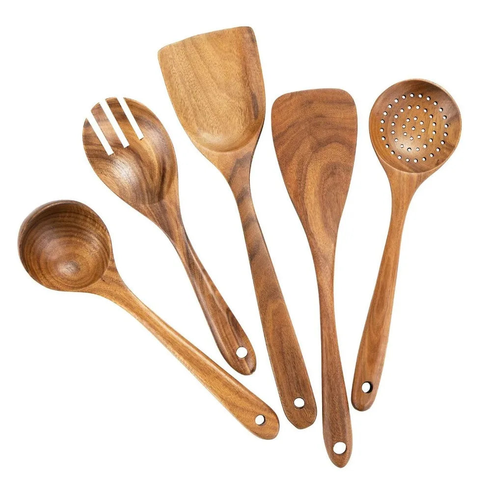 Kit Utensílios de Cozinha - Em Madeira Natural com Balde