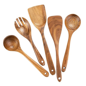 Kit Utensílios de Cozinha - Em Madeira Natural com Balde
