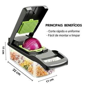 Cortador de legumes multifuncional fatiando cebola roxa, com medidas e benefícios destacados.