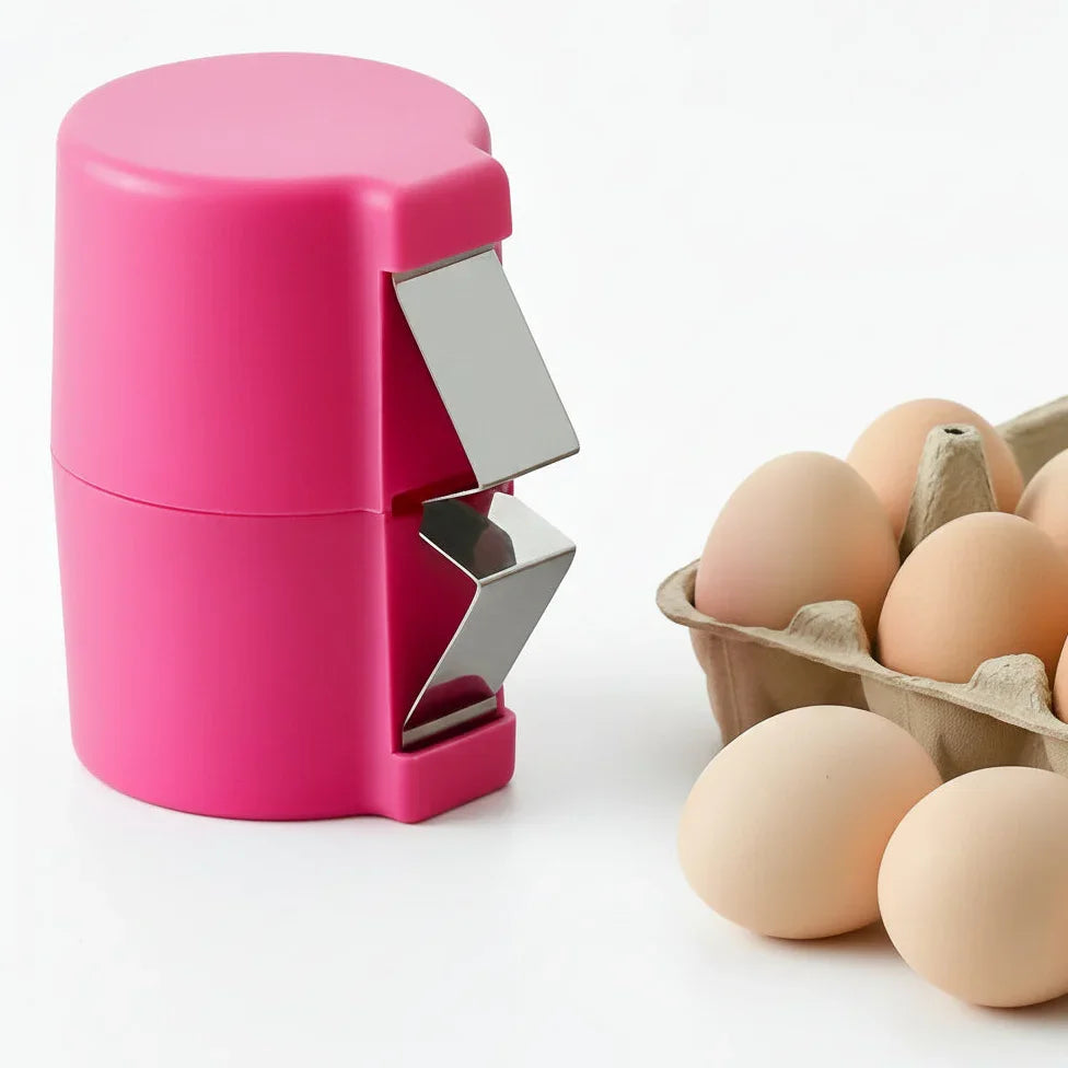 Abridor de ovos rosa com lâminas metálicas ao lado de ovos em caixa de papelão em fundo branco.