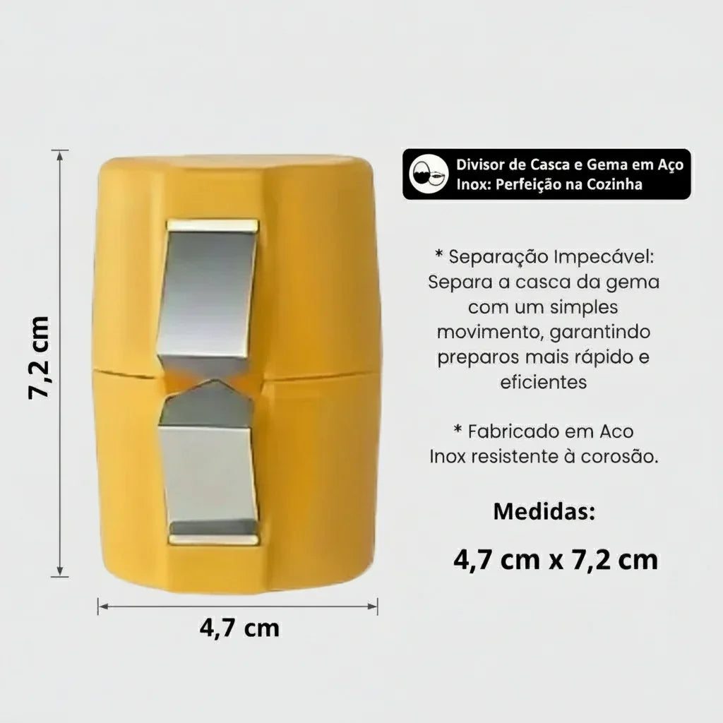 Divisor de casca e gema amarelo em aço inox, 4,7x7,2cm, utensílio de cozinha resistente.