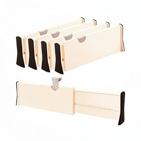 Divisórias ajustáveis de plástico branco para organização de gavetas, com detalhes antiderrapantes.